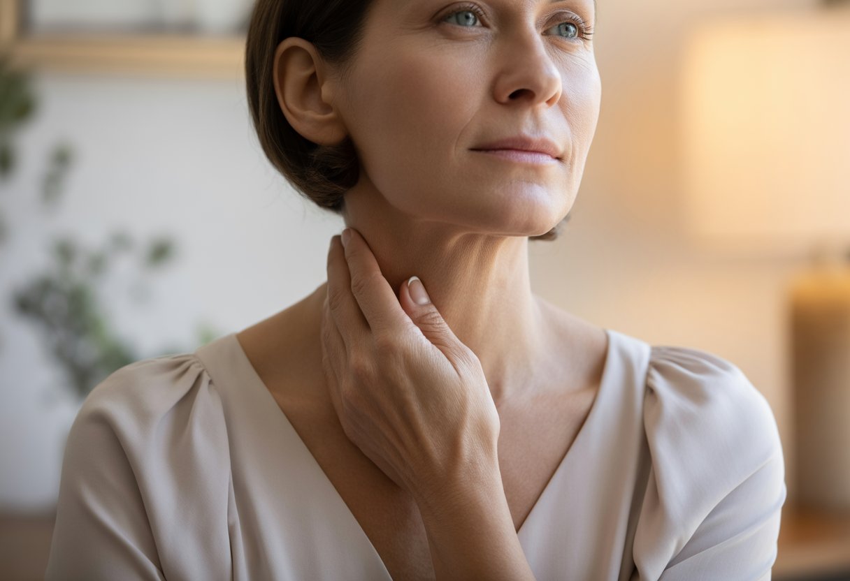 v2-12tomn-2xkwb - Preventive Medicine Daily A middle-aged woman gently touching her neck, focusing on the skin area.