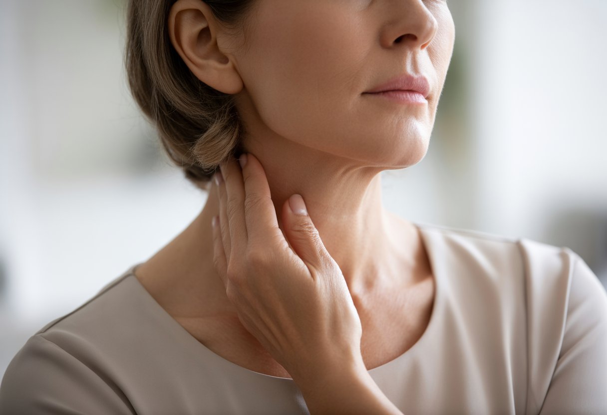 how to fix turtle neck - Preventive Medicine Daily A middle-aged woman gently touching her neck with a calm expression, highlighting the skin on her neck.