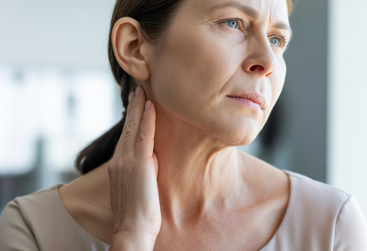 v2-12tonw-jvgfq - Preventive Medicine Daily Close-up of a middle-aged woman gently touching her neck, showing saggy and wrinkled skin.