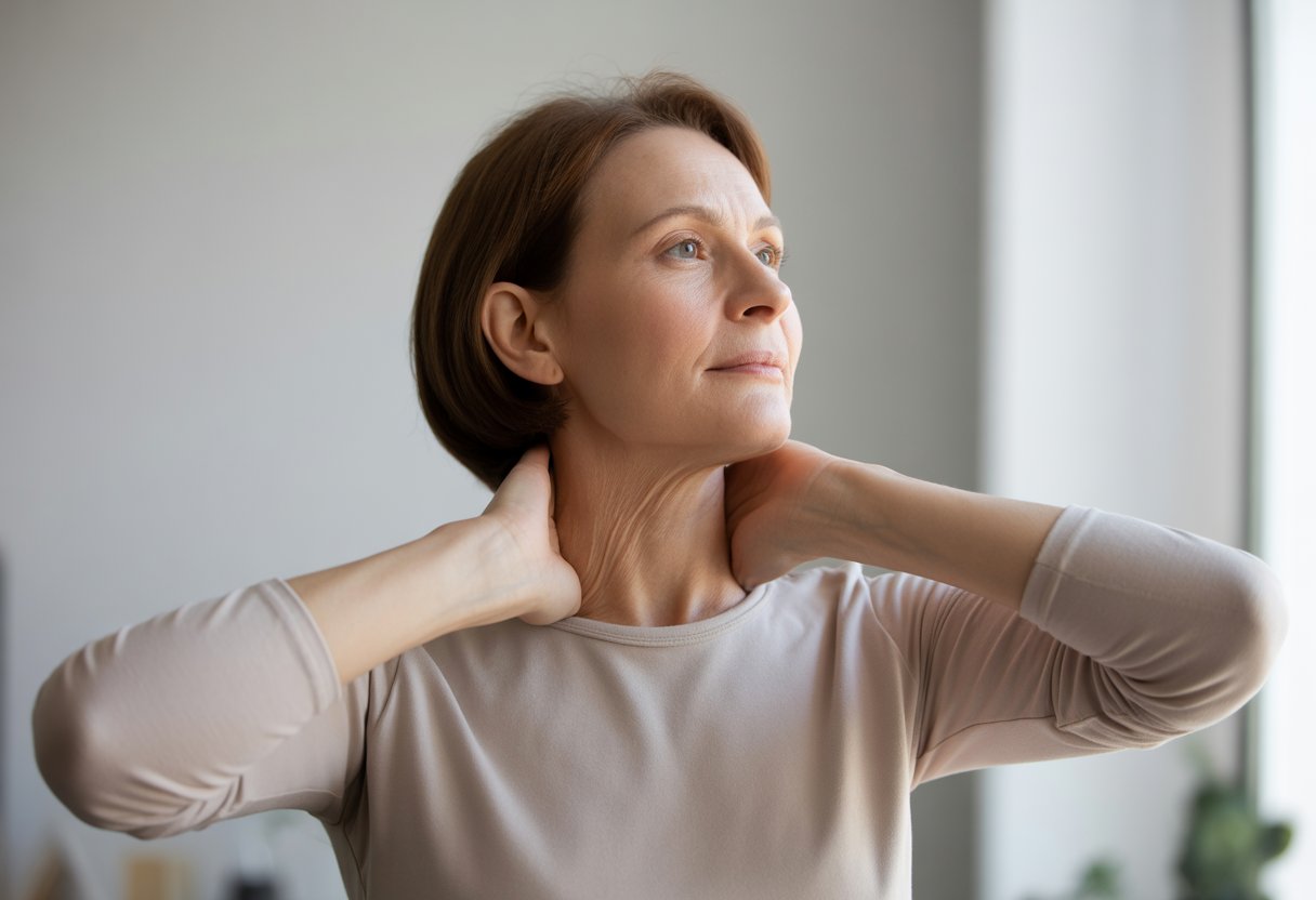 v2-12toop-bfdtv - Preventive Medicine Daily A middle-aged woman gently stretching and massaging her neck in a bright, clean room.