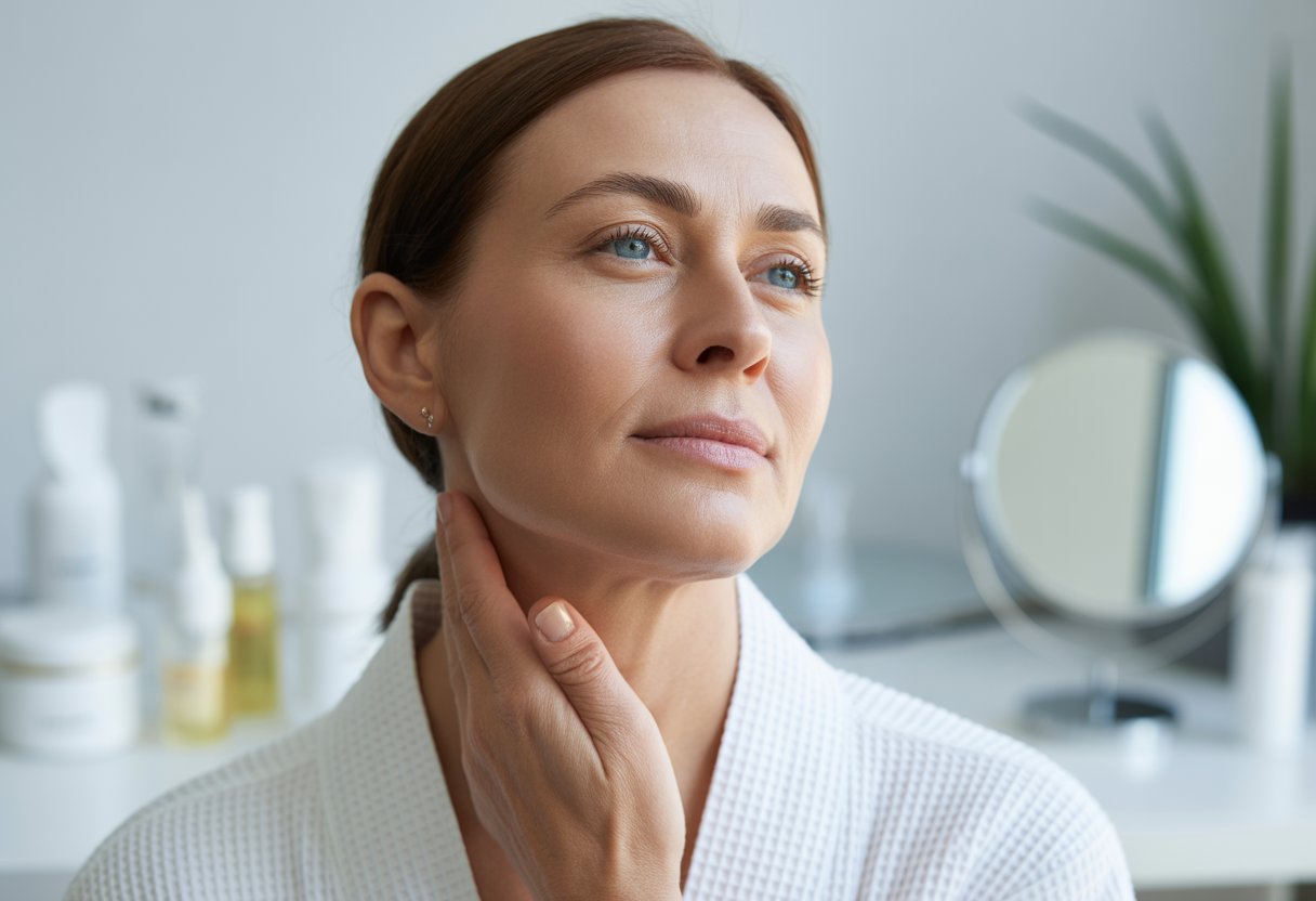 v2-12tope-qgasv - Preventive Medicine Daily A middle-aged woman gently touching her smooth neck in a bright skincare clinic.