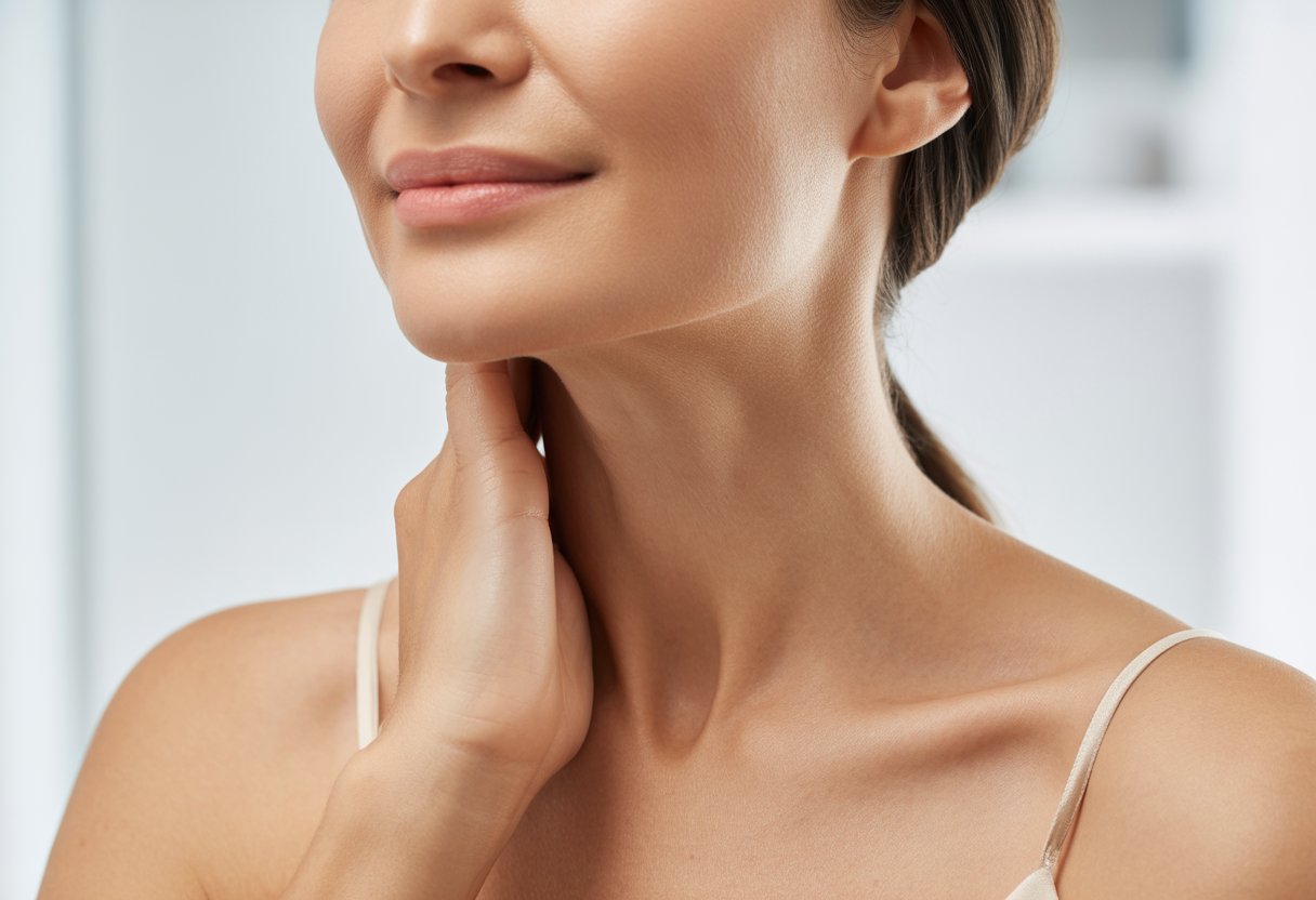 v2-12v7il-uoq2g - Preventive Medicine Daily Close-up of a woman gently touching her smooth neck, highlighting firm skin without wrinkles or sagging.