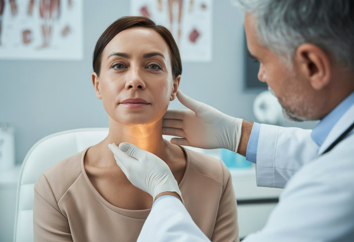 v2-12v7jb-ww444 - Preventive Medicine Daily A doctor examining a middle-aged woman's neck in a modern medical office.