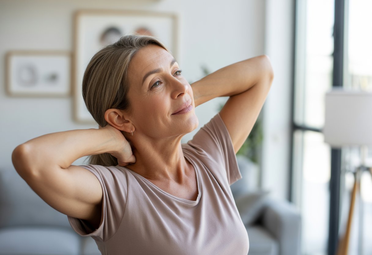 v2-12v7k2-yc3mq - Preventive Medicine Daily A middle-aged woman doing neck stretches at home to improve skin on her neck.