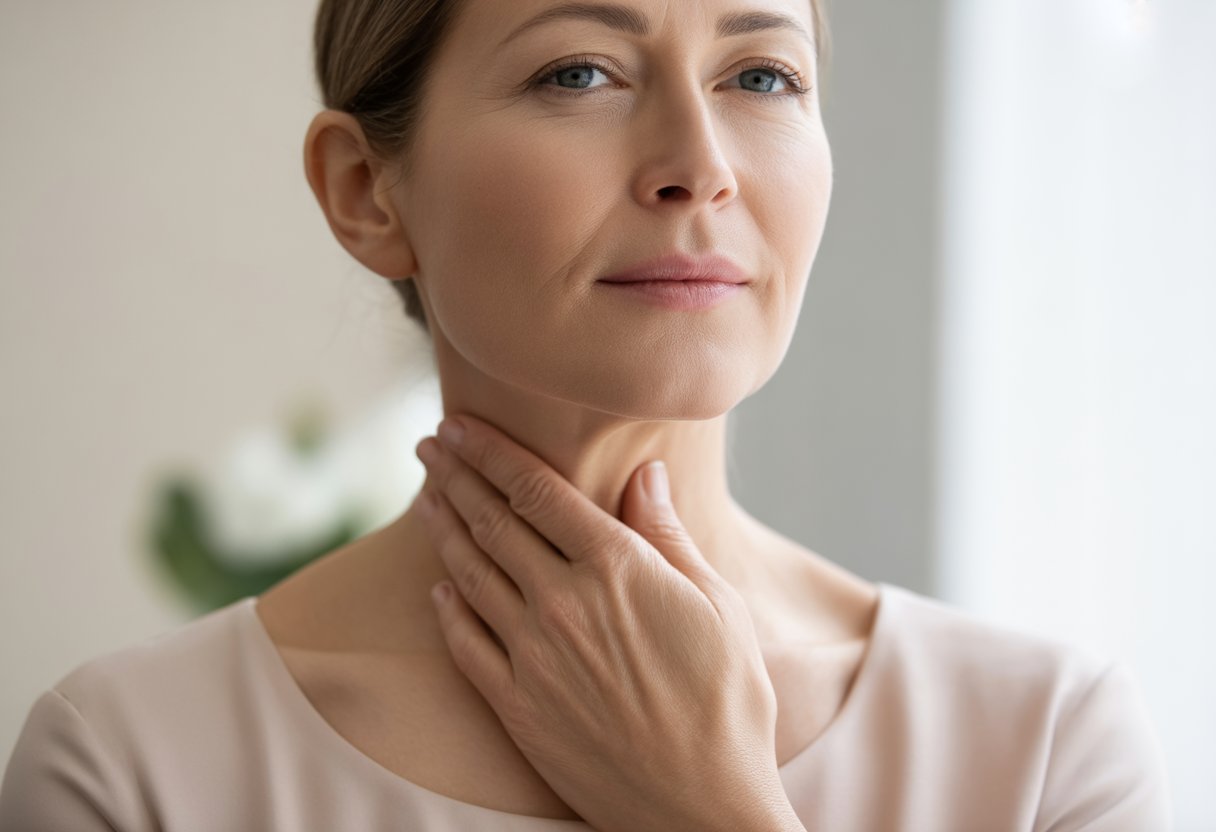 v2-12v7kq-z71aj - Preventive Medicine Daily A middle-aged woman gently touching her neck with a calm expression, highlighting the skin on her neck.