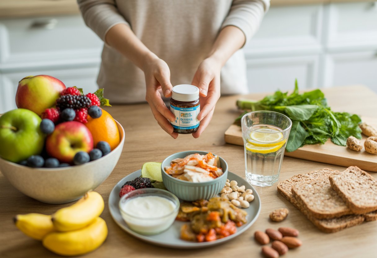 v2-12v93h-j2zb2 - Preventive Medicine Daily A kitchen table with fresh fruits, fermented foods, whole grains, nuts, and a person holding a jar of probiotics.