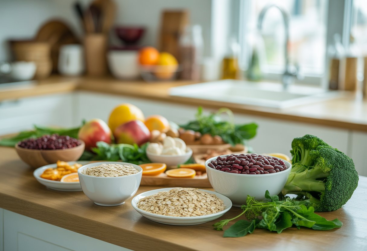 v2-12v93v-2877k - Preventive Medicine Daily A kitchen countertop with bowls of oats, beans, and broccoli arranged alongside other fresh fruits and vegetables.