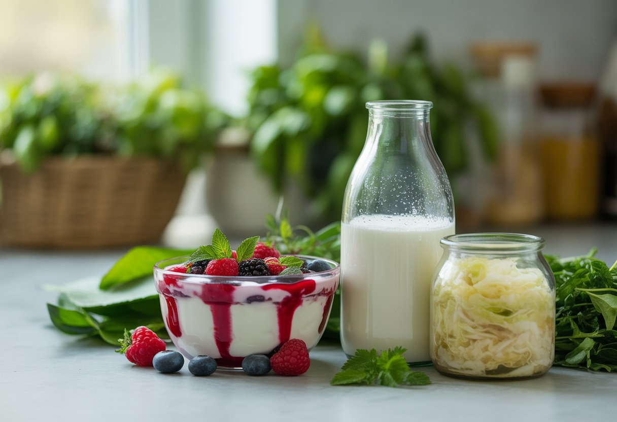 v2-12v94e-iplc5 - Preventive Medicine Daily A kitchen countertop with yogurt, kefir, and sauerkraut arranged together with fresh herbs and natural light.