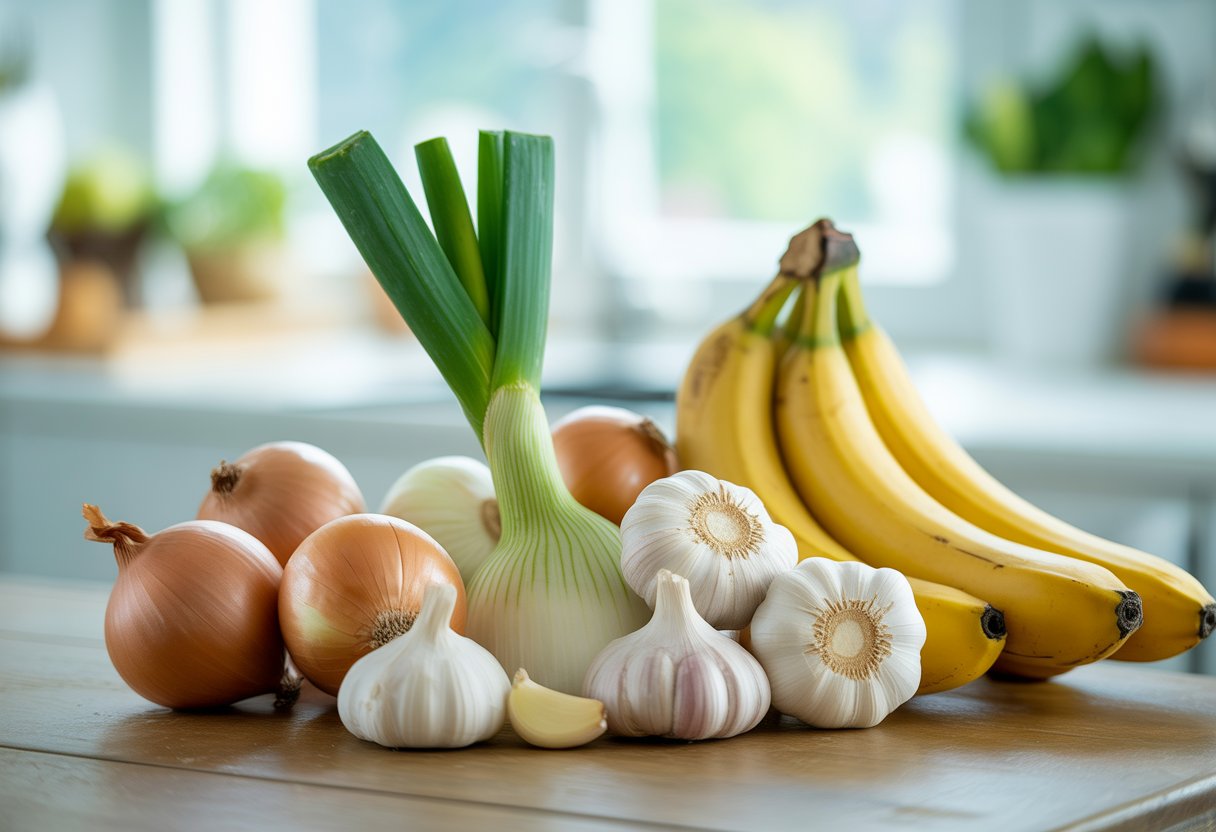 v2-12v94u-tu5uk - Preventive Medicine Daily A kitchen table with fresh garlic, onions, and bananas arranged together.