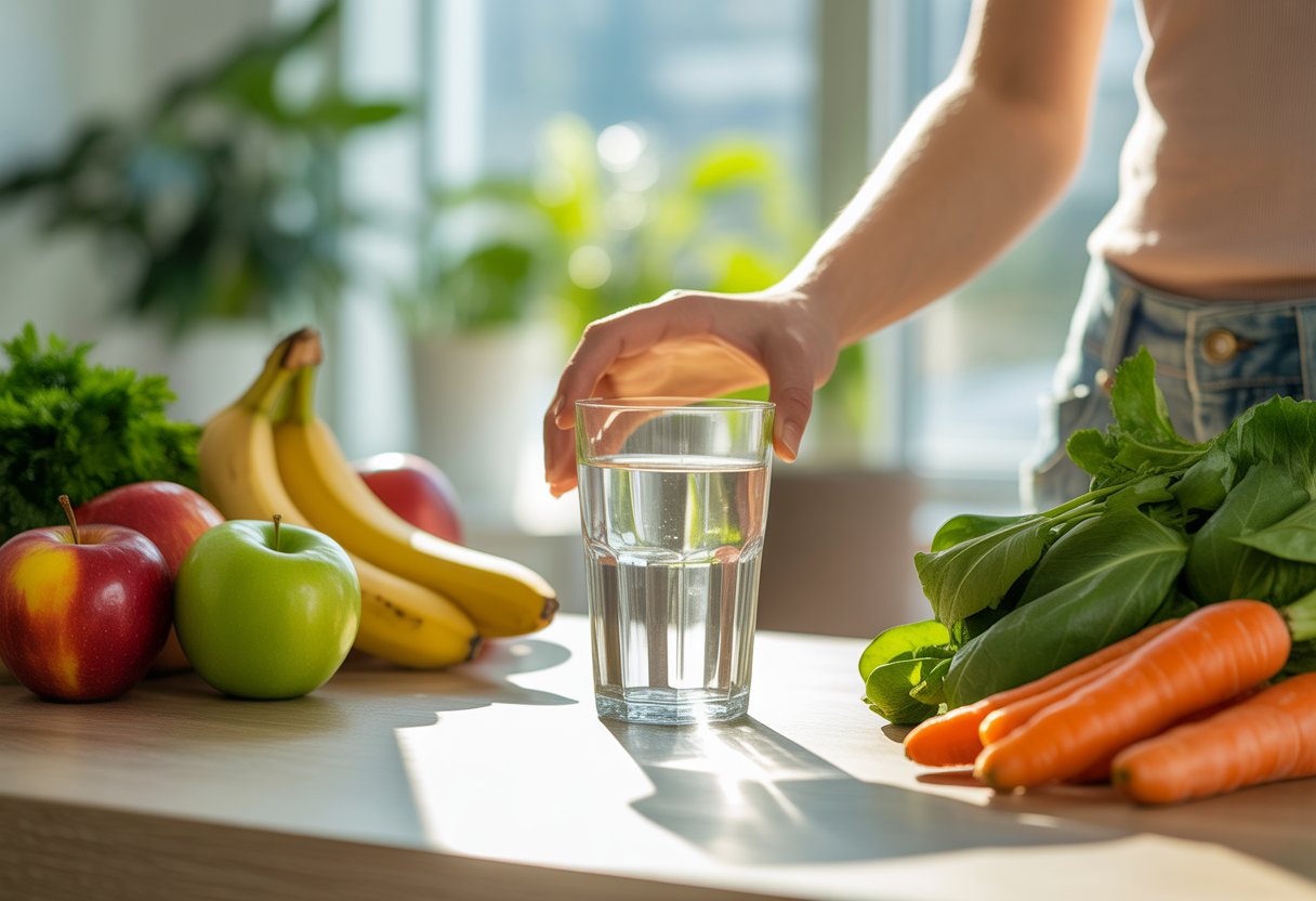 v2-12v95c-mg48i - Preventive Medicine Daily A glass of water on a wooden table surrounded by fresh fruits and vegetables with a hand reaching for the glass.