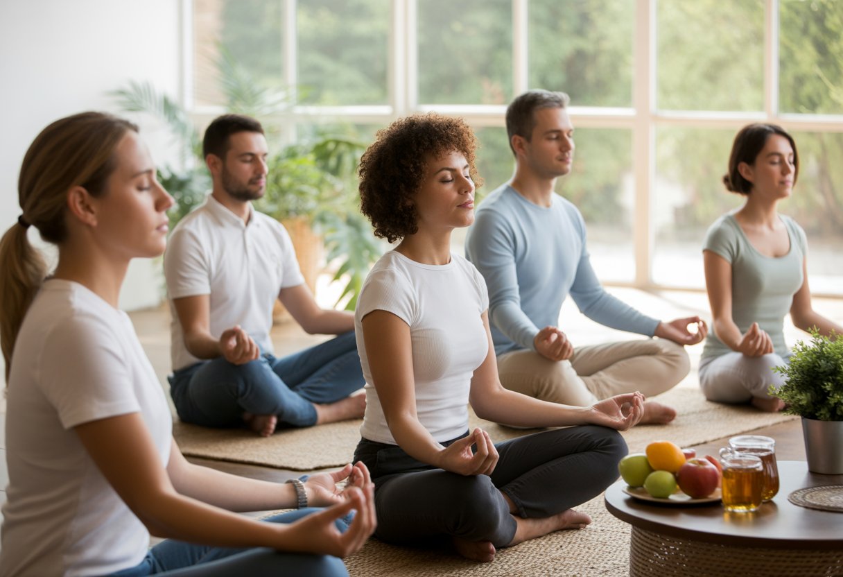 v2-12v95s-y5s4j - Preventive Medicine Daily A group of adults meditating and practicing deep breathing in a bright room with natural light, surrounded by fruits, tea, and plants.
