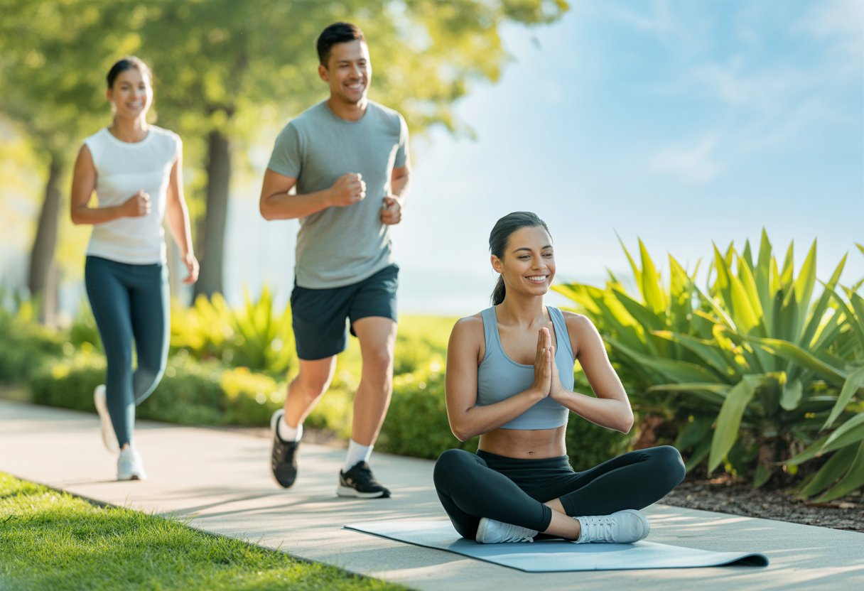 v2-12v96o-x16tn - Preventive Medicine Daily People practicing yoga and walking outdoors in a park surrounded by greenery and sunlight.