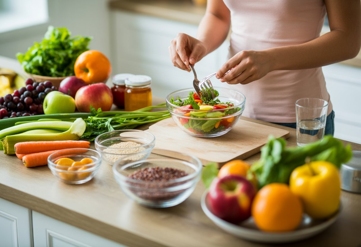 v2-12v976-eks0p - Preventive Medicine Daily Hands preparing a fresh salad with colorful fruits, vegetables, and whole grains on a kitchen countertop.