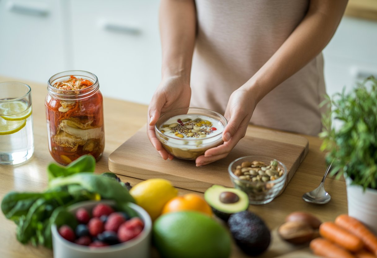 v2-12v97n-3mptb - Preventive Medicine Daily Hands holding a bowl of yogurt with seeds and nuts on a wooden table surrounded by fresh fruits, vegetables, and fermented foods in a bright kitchen.