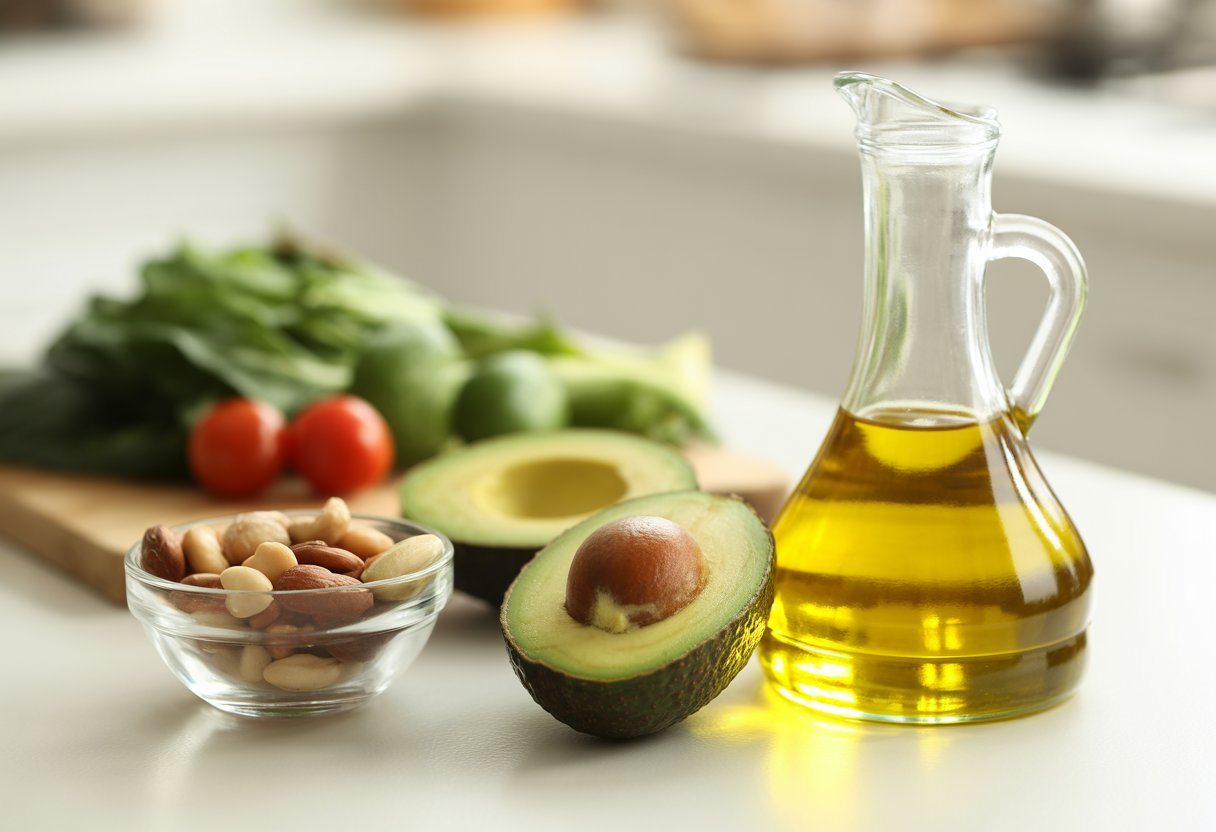 How to improve gut health - Preventive Medicine Daily A kitchen countertop with olive oil, a sliced avocado, mixed nuts, and fresh vegetables arranged to represent healthy fats for gut health.