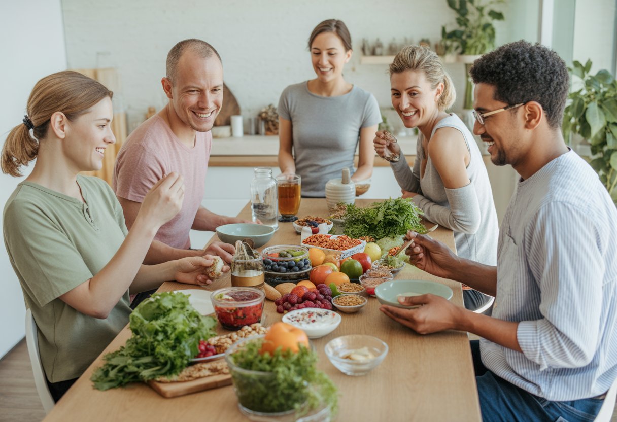 v2-12v9yb-p2lyx - Preventive Medicine Daily A group of people preparing and enjoying healthy meals with fresh fruits, vegetables, and probiotic foods in a bright kitchen.