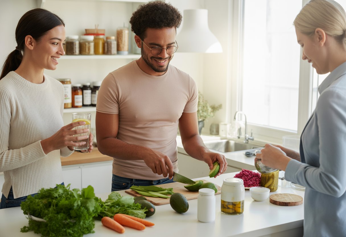 v2-12v9yy-51ccf - Preventive Medicine Daily Three adults preparing a healthy meal with fresh vegetables and probiotic foods in a bright kitchen.