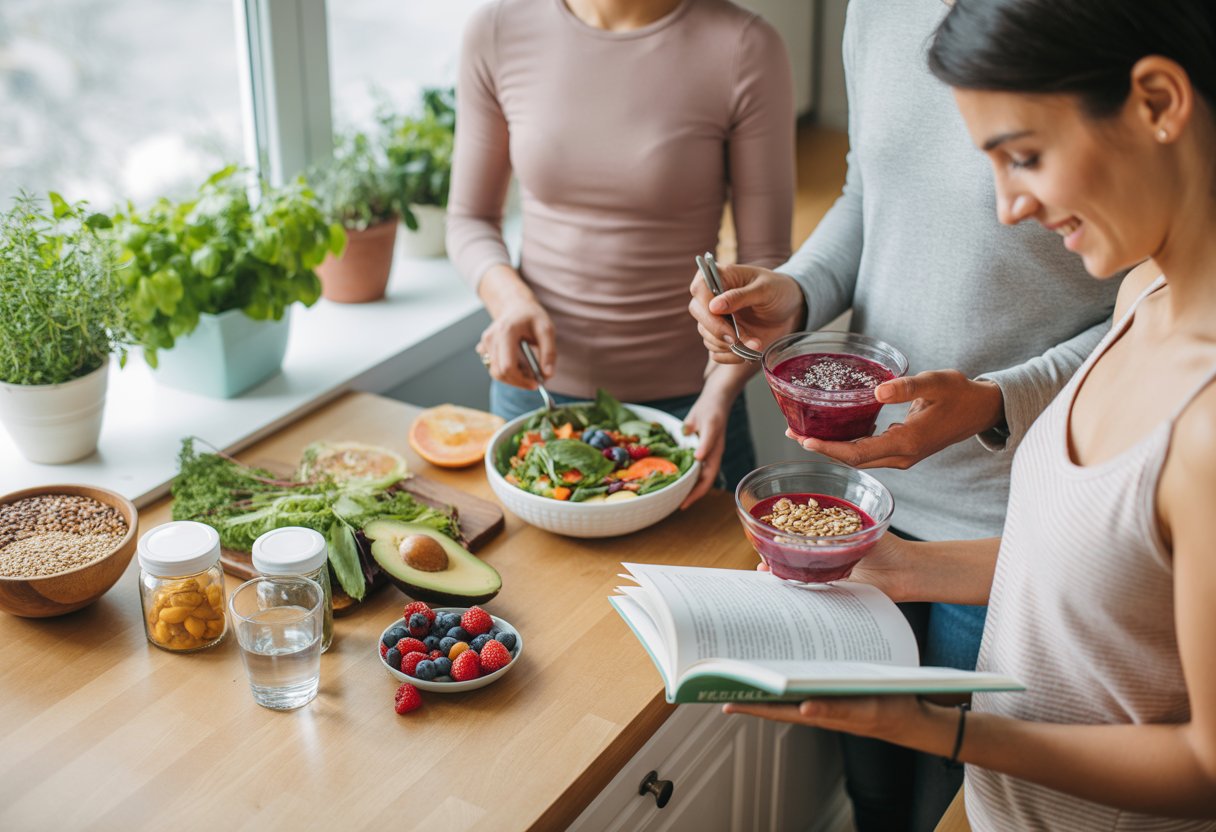 v2-12v9zk-j3c8q - Preventive Medicine Daily Three adults preparing healthy food with fresh fruits, vegetables, and probiotic jars in a bright kitchen.