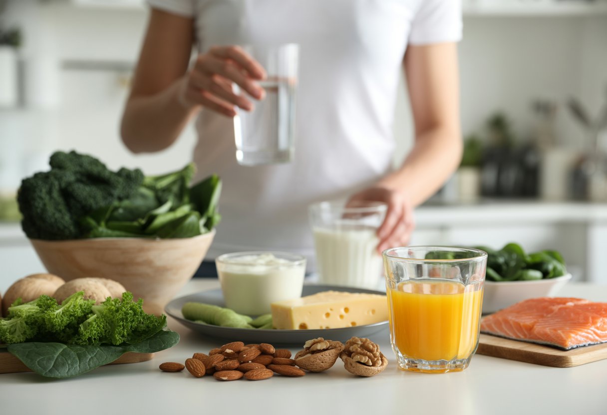 How to improve bone density - Preventive Medicine Daily A kitchen countertop with fresh leafy greens, dairy products, nuts, salmon, and a glass of juice, with a person reaching for water in the background.
