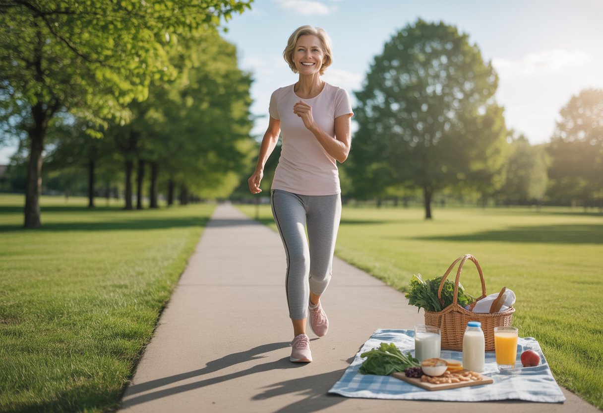 v2-12vshm-2s6oa - Preventive Medicine Daily A middle-aged woman walking briskly in a sunny park with healthy foods laid out on a picnic blanket nearby.