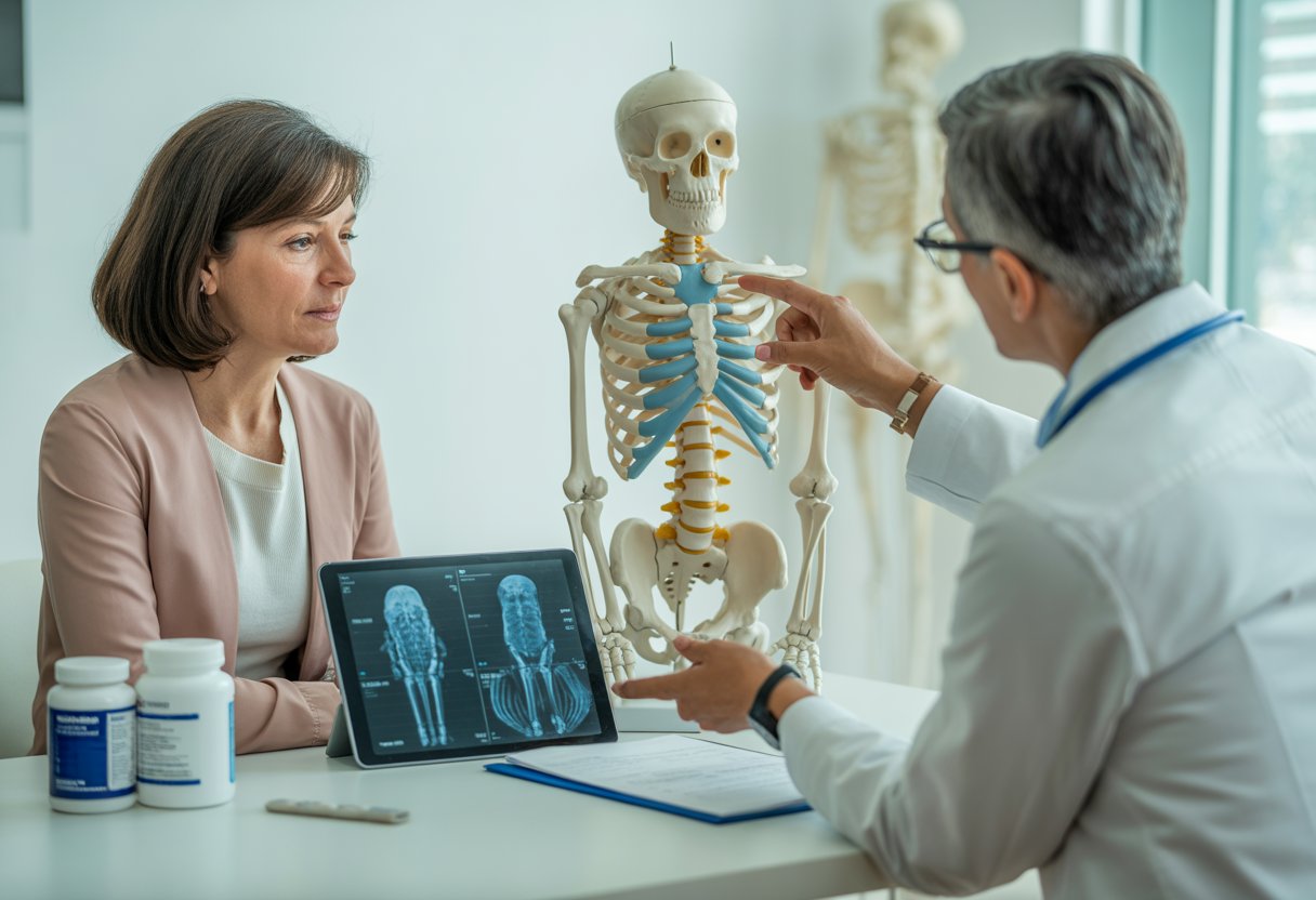 v2-12vsig-si1xa - Preventive Medicine Daily A woman consulting a doctor who is showing a skeleton model and bone scans in a medical office.