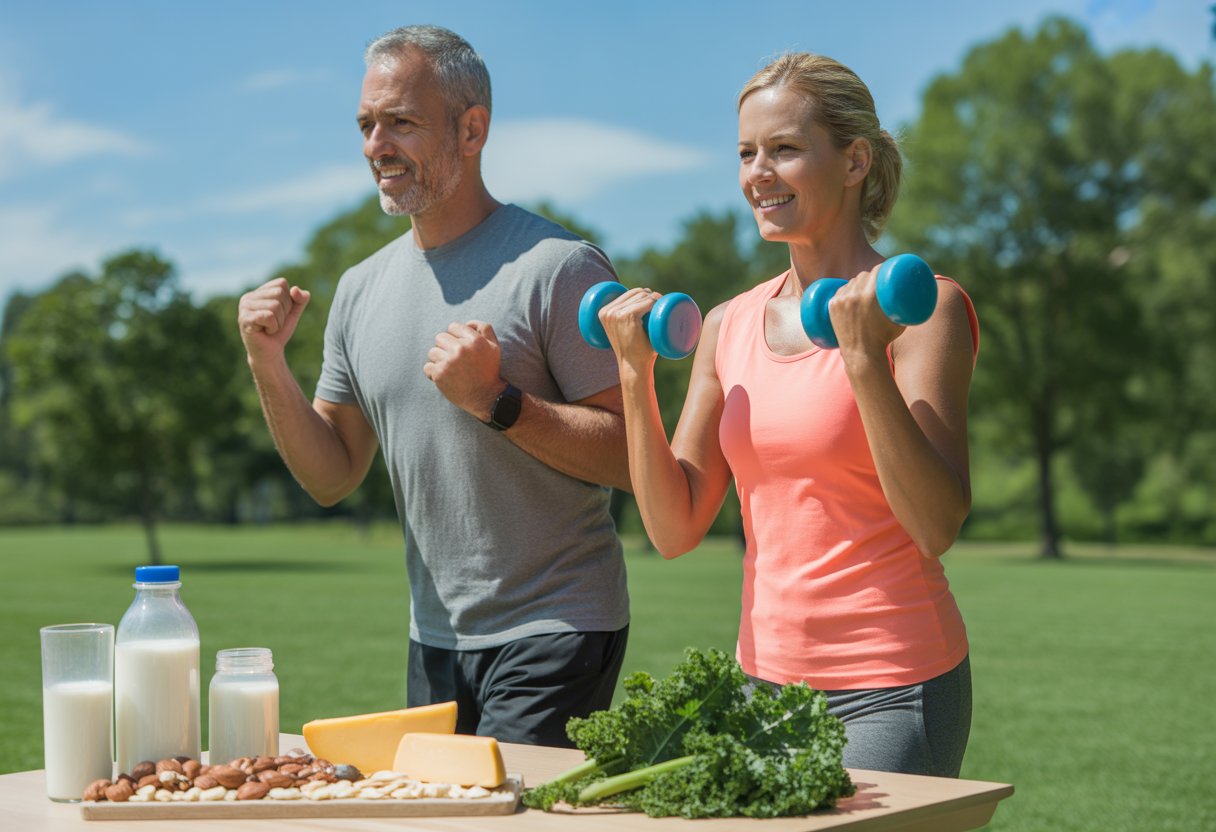 v2-12vsjf-kqzxr - Preventive Medicine Daily A middle-aged man and woman exercising outdoors near a table with bone-healthy foods like milk, cheese, leafy greens, and nuts.
