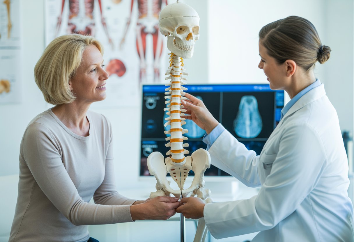 v2-12vsk5-7h2th - Preventive Medicine Daily A healthcare professional explains bone health to a middle-aged woman using a skeleton model in a medical office.