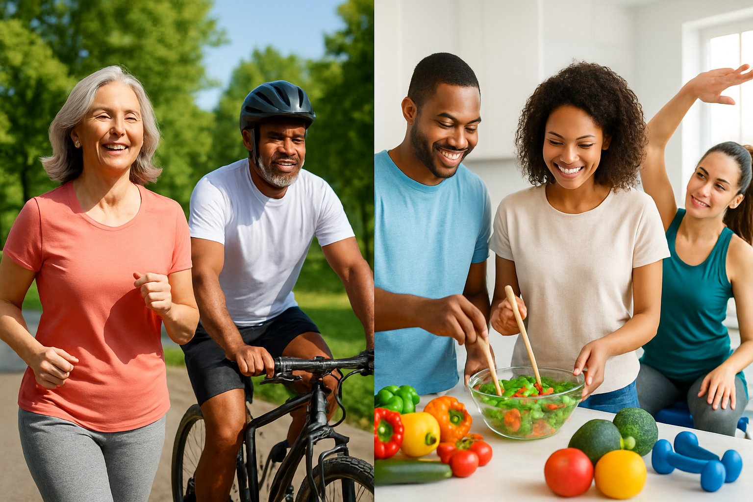 A group of people jogging, cycling, preparing healthy food, and exercising in a park and kitchen setting.