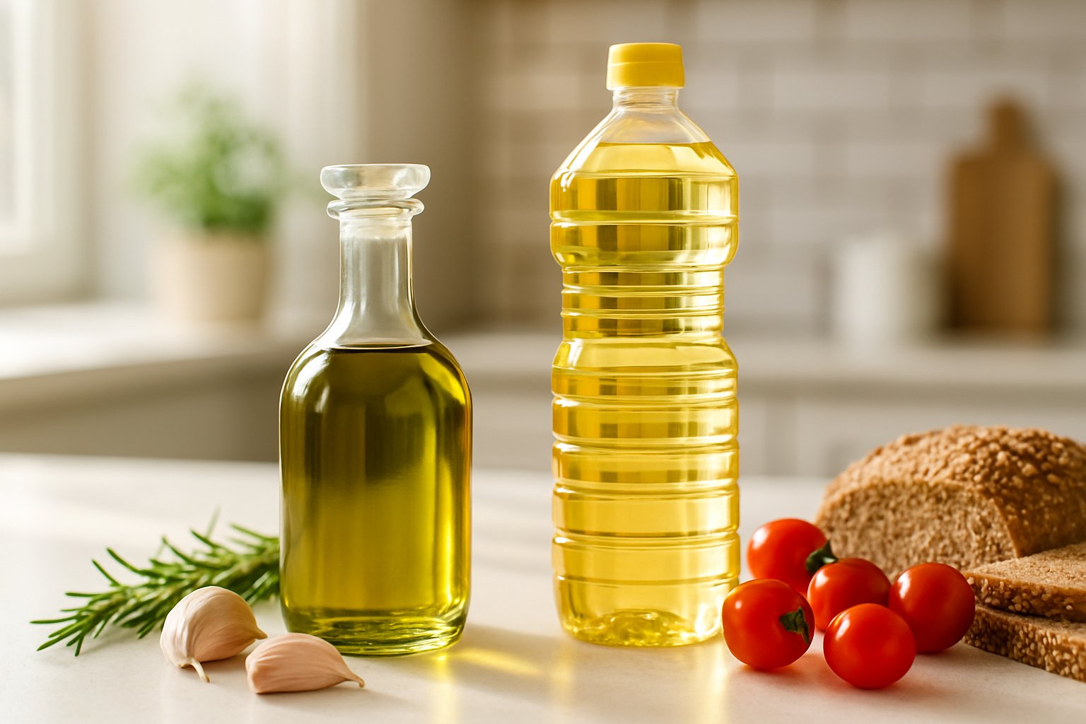 A kitchen counter with bottles of olive oil and canola oil surrounded by fresh herbs, garlic, tomatoes, and bread.