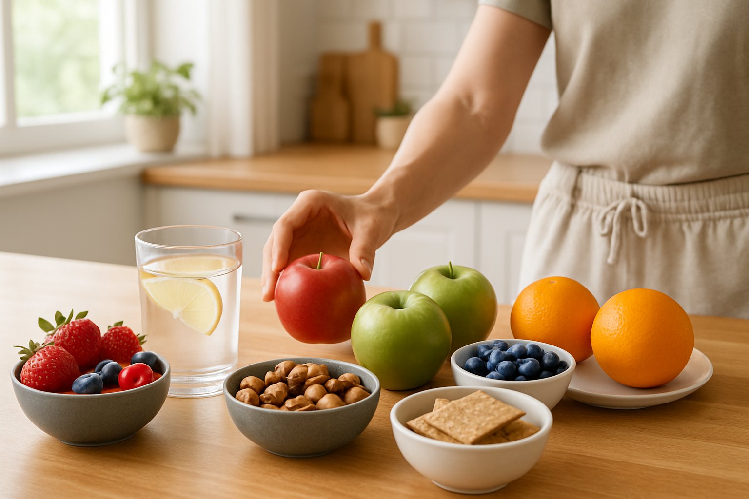 A kitchen countertop with fresh fruits, nuts, whole grain crackers, and a glass of lemon water, with a person reaching for an apple in the background.