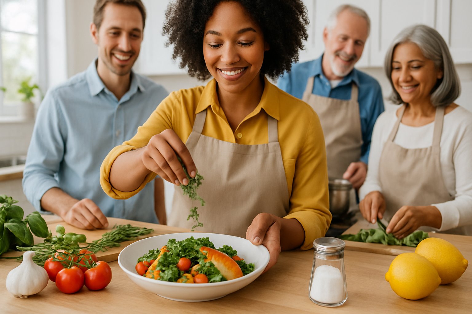 People cooking in a kitchen using fresh herbs to prepare a healthy meal with vegetables and lean protein.