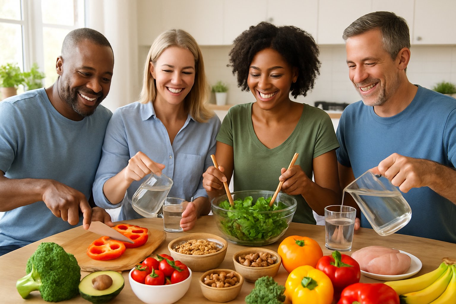 A group of adults preparing fresh, healthy meals with colorful vegetables and fruits in a bright kitchen.