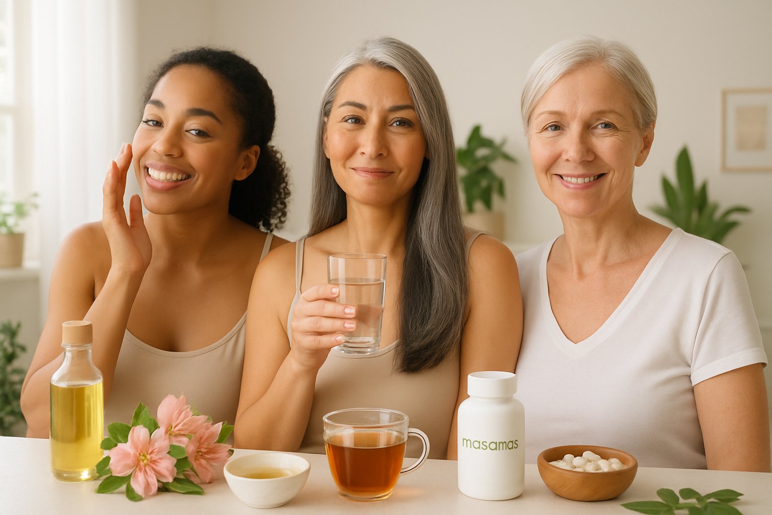 v2-12vusr-ddzay - Preventive Medicine Daily A diverse group of women in a bright, clean space practicing self-care with natural products and wellness items nearby.