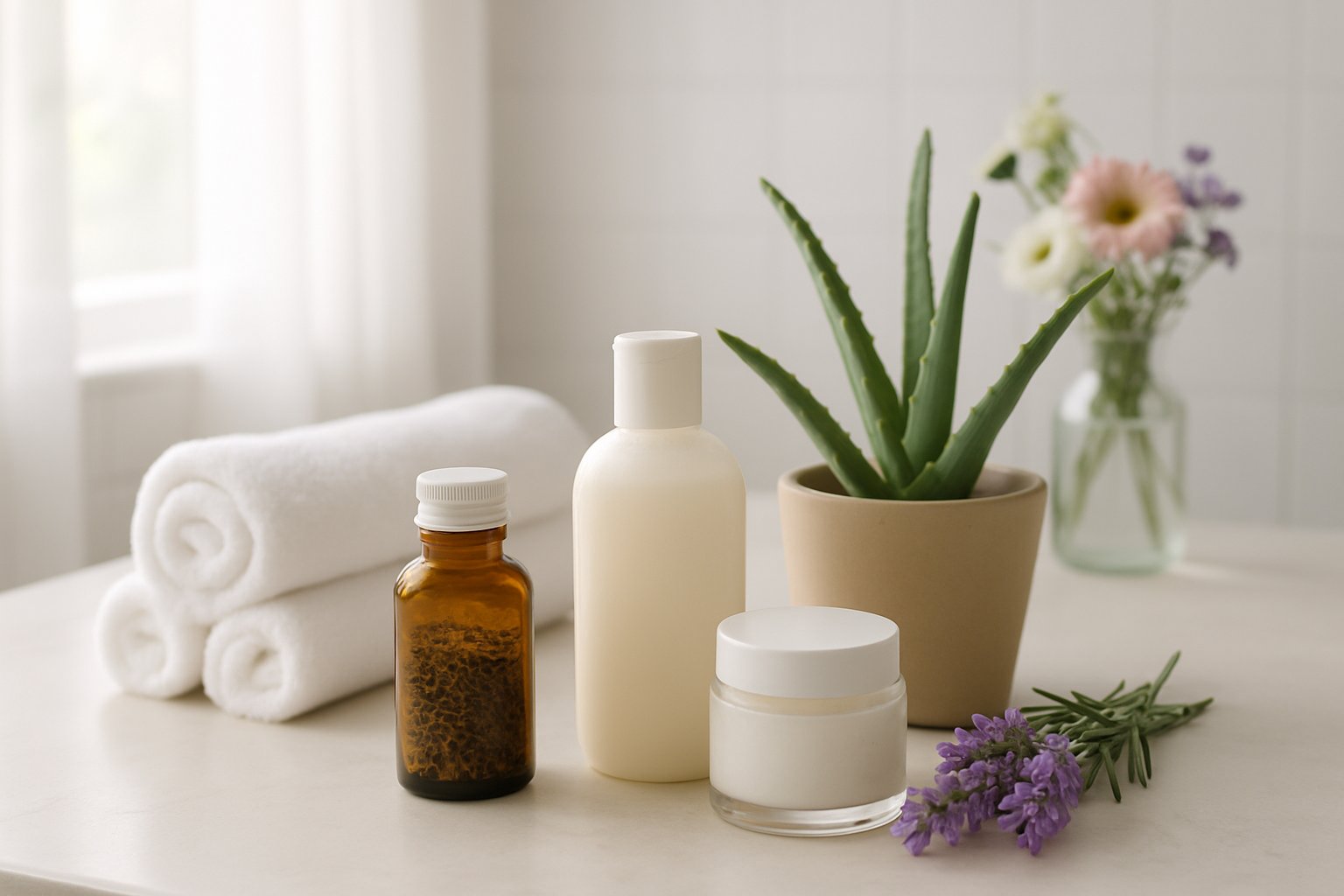 v2-12vute-p3n6k - Preventive Medicine Daily A clean bathroom vanity with natural skincare products, white towels, and a small potted plant, symbolizing feminine hygiene and wellness.