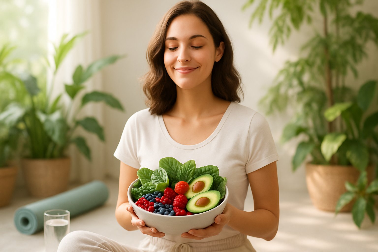 v2-12vuv3-1z6hr - Preventive Medicine Daily A young woman smiling and holding a bowl of fresh fruits and vegetables in a natural setting with plants and soft light.