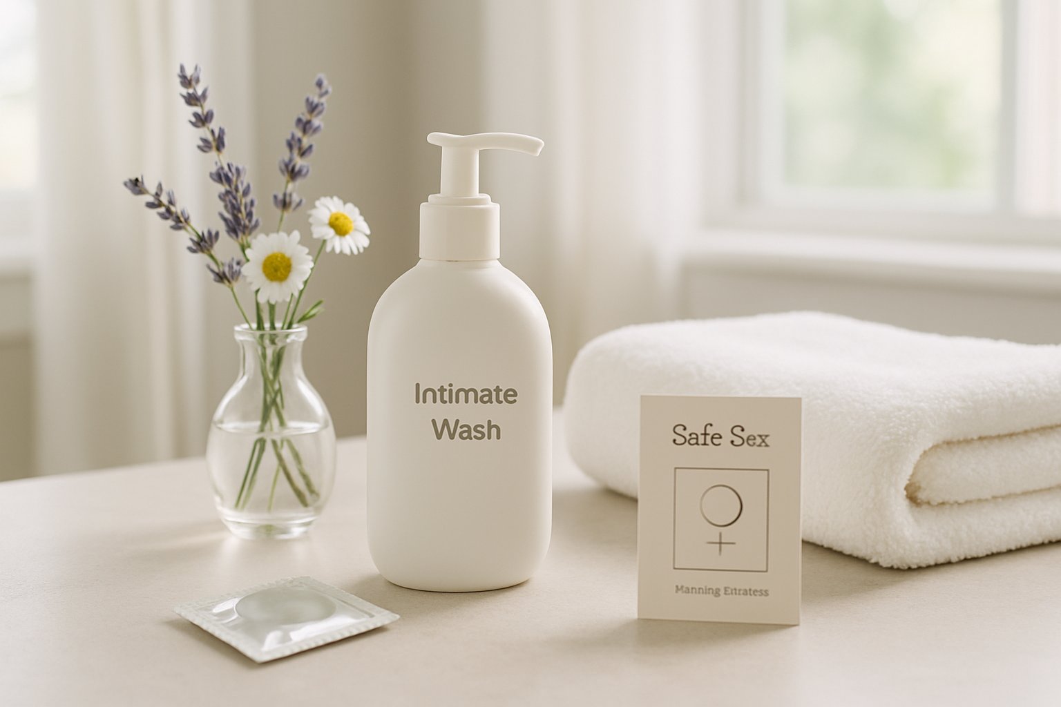 improve vaginal health - Preventive Medicine Daily A clean bathroom countertop with feminine hygiene products, fresh flowers, a white towel, a box of condoms, and a pamphlet about safe sex, bathed in natural light.