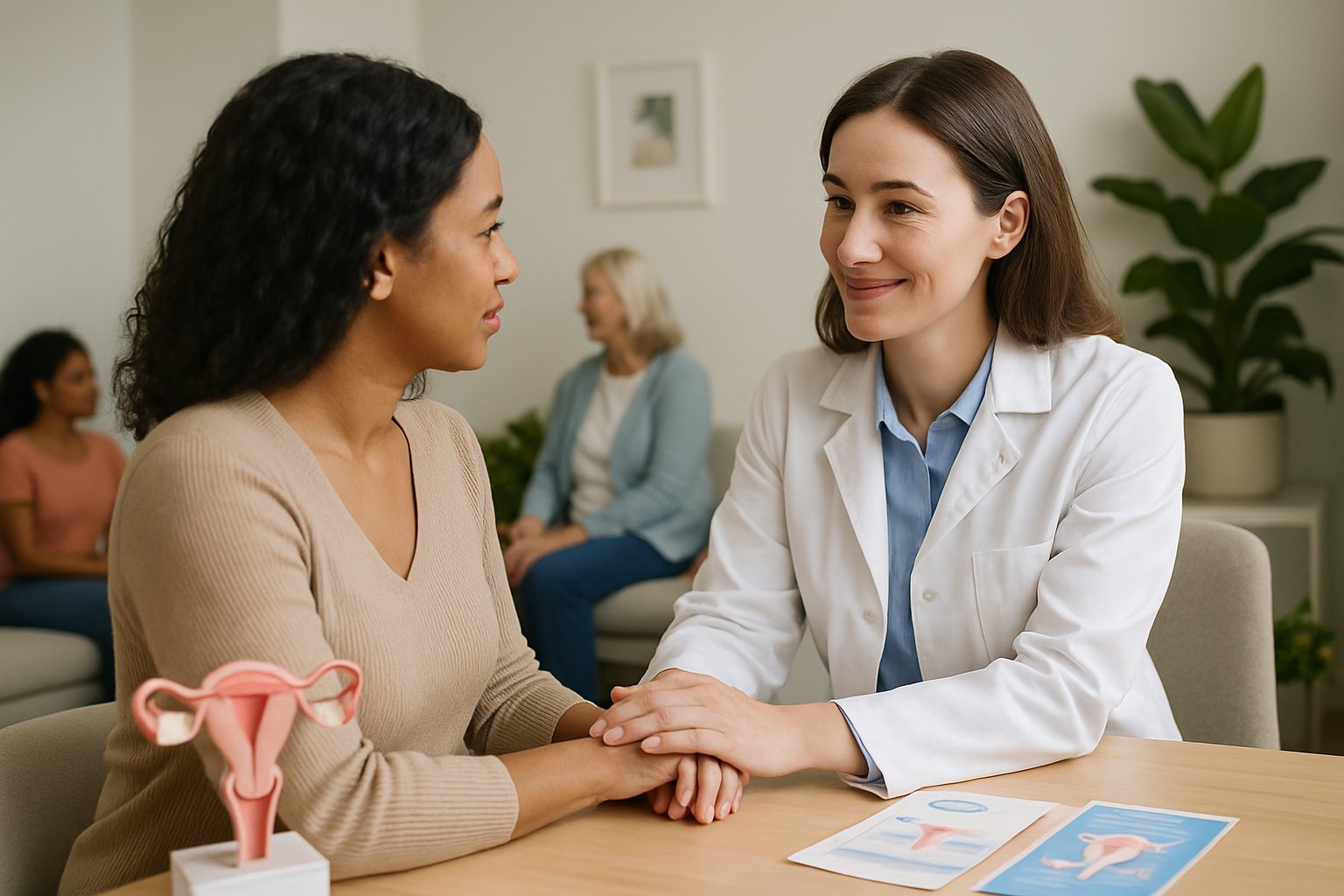 v2-12vuwo-e3v2o - Preventive Medicine Daily A female healthcare professional consulting with a woman patient in a bright, modern clinic room focused on women's health.