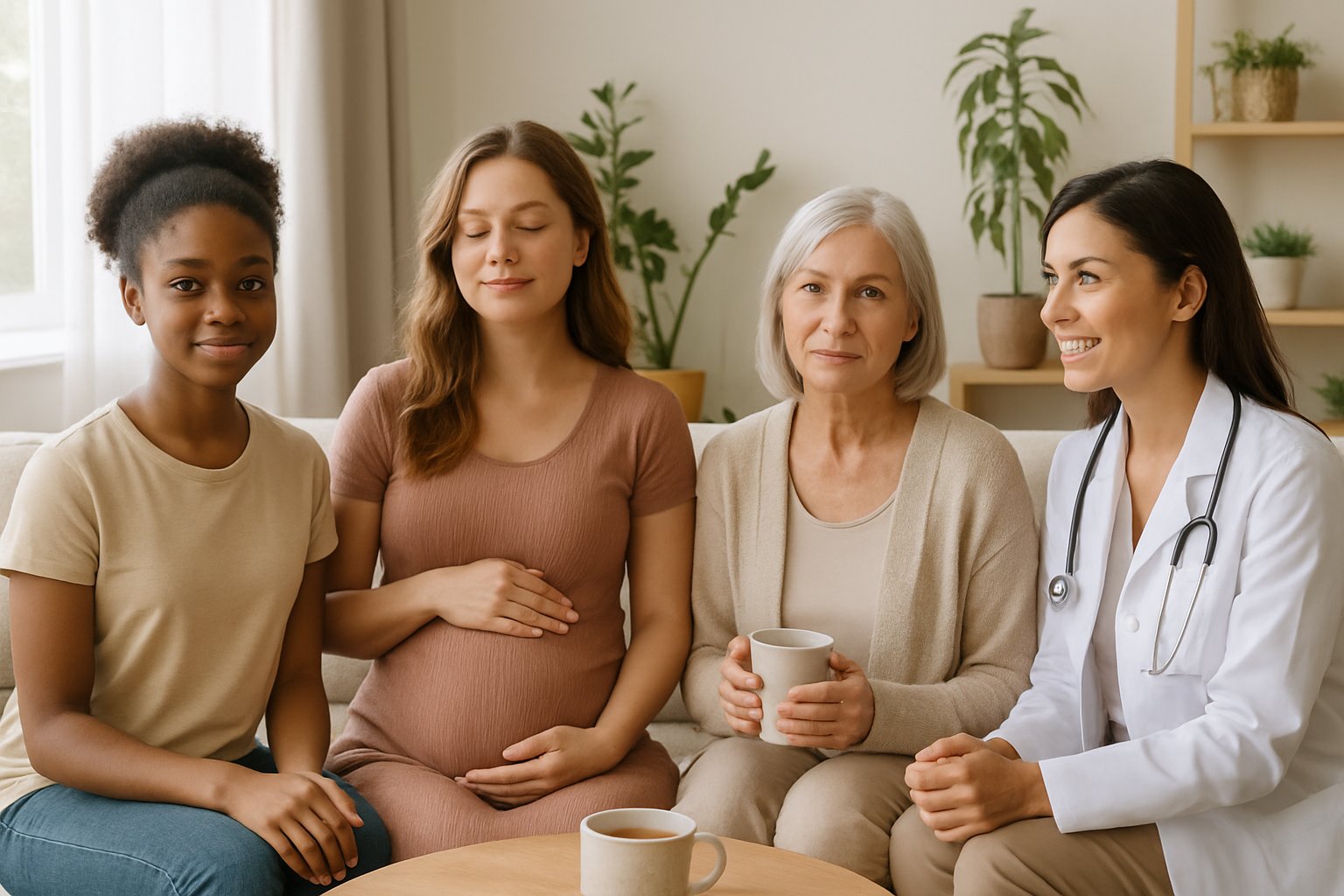 v2-12vuxi-pao0c - Preventive Medicine Daily A diverse group of women of different ages in a calm, bright room, engaging in gentle self-care and wellness activities.