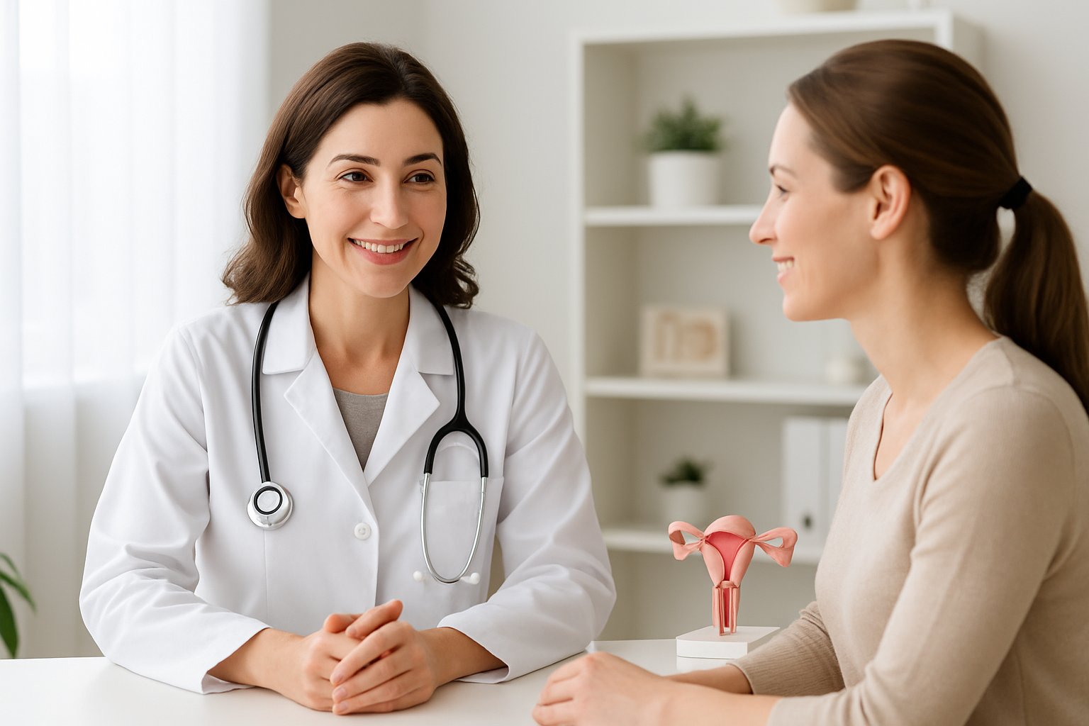 v2-12vuz4-rl13b - Preventive Medicine Daily A female healthcare professional consulting with a female patient in a bright medical office focused on women's health.