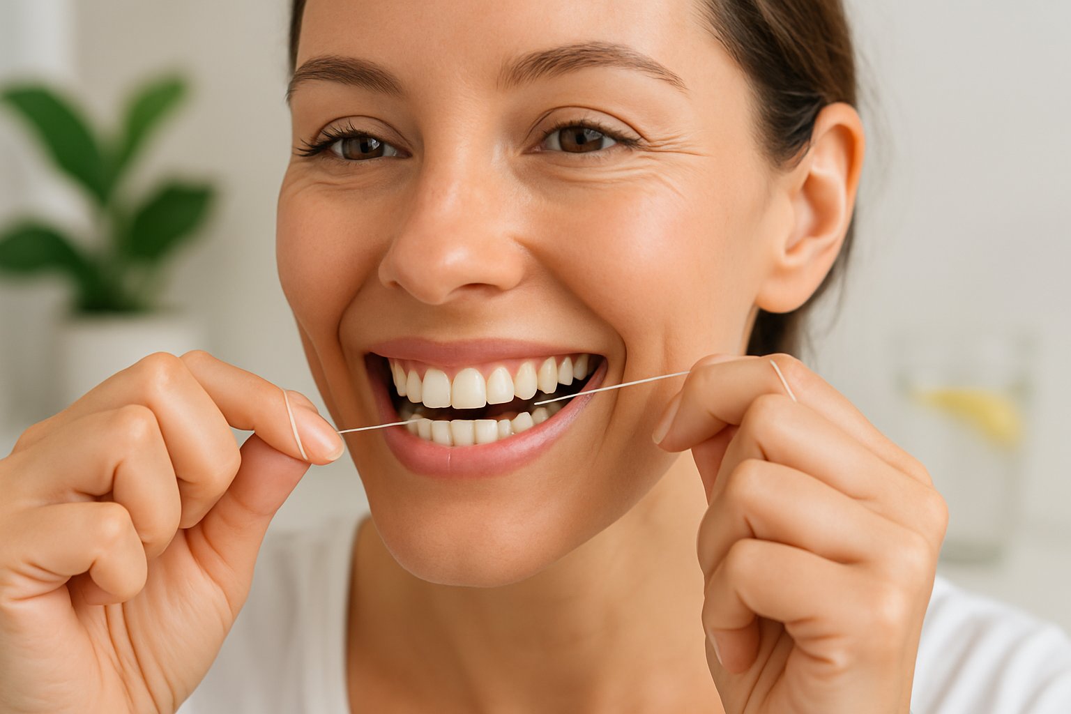 v2-12vvj3-cpdln - Preventive Medicine Daily Close-up of a smiling woman flossing her teeth with healthy gums, with a glass of water and green leaves in the background.