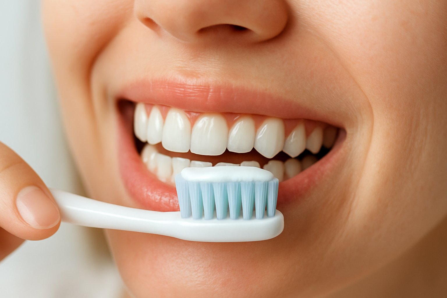 v2-12vvjk-a3kqr - Preventive Medicine Daily Close-up of a person brushing their teeth with a soft-bristled toothbrush, focusing on healthy gums and clean teeth.