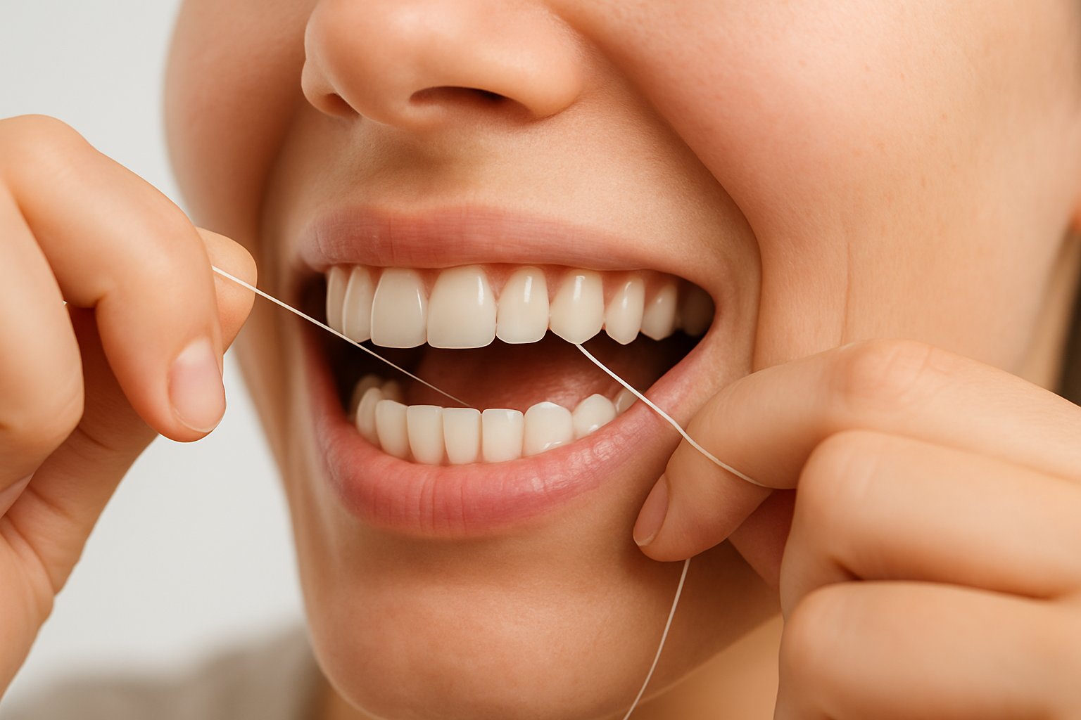 v2-12vvk3-i2lqm - Preventive Medicine Daily Close-up of a person flossing their teeth, showing healthy gums and white teeth.