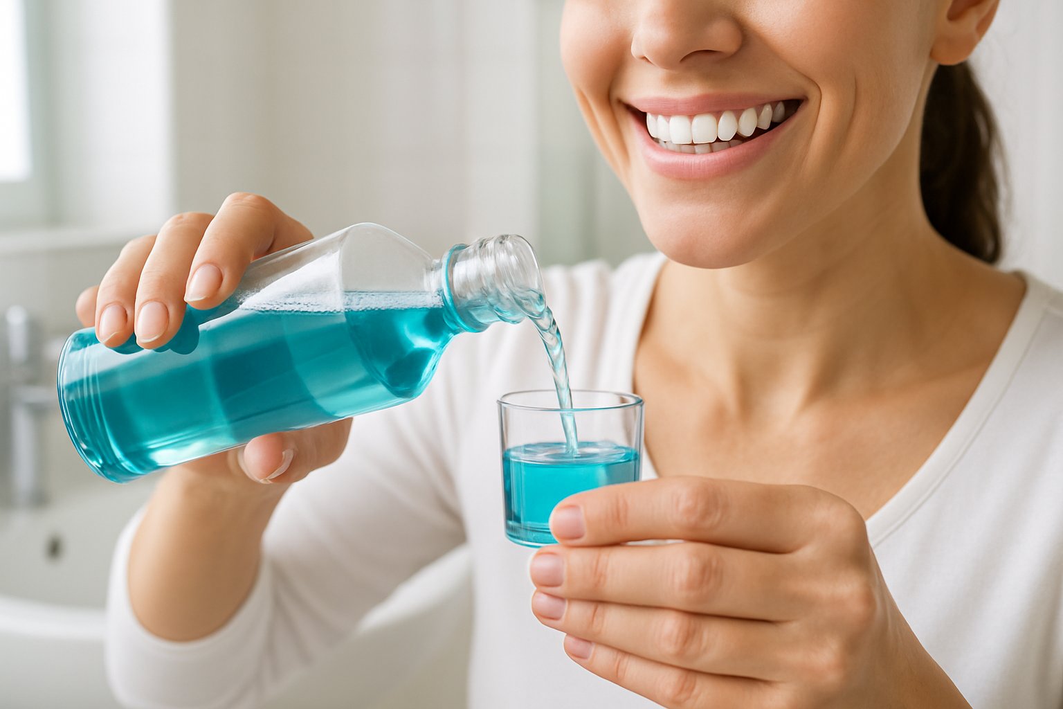 how to improve gum health - Preventive Medicine Daily A woman pouring mouthwash into a measuring cup in a bright bathroom, focusing on oral hygiene.