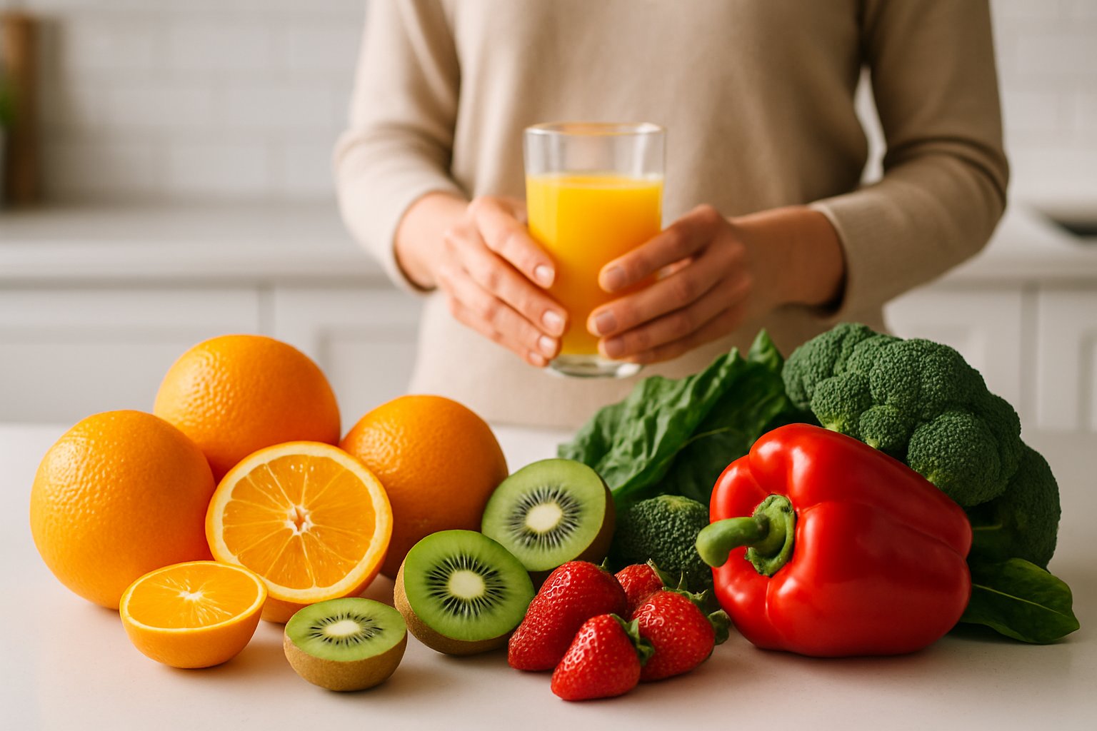 v2-12vvl4-zmph4 - Preventive Medicine Daily Fresh fruits and vegetables rich in vitamin C and antioxidants arranged on a kitchen countertop with a person holding a glass of orange juice in the background.