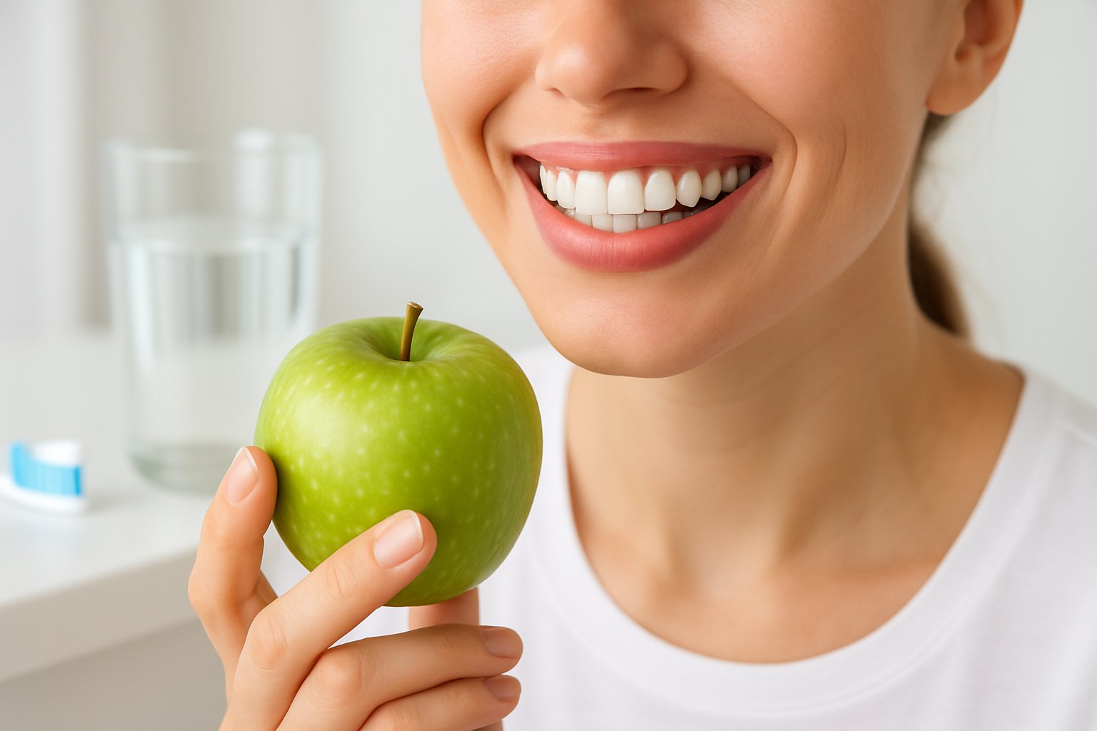 v2-12vvlp-1eea7 - Preventive Medicine Daily Close-up of a smiling adult showing healthy teeth and gums, holding a green apple with a toothbrush and glass of water nearby.