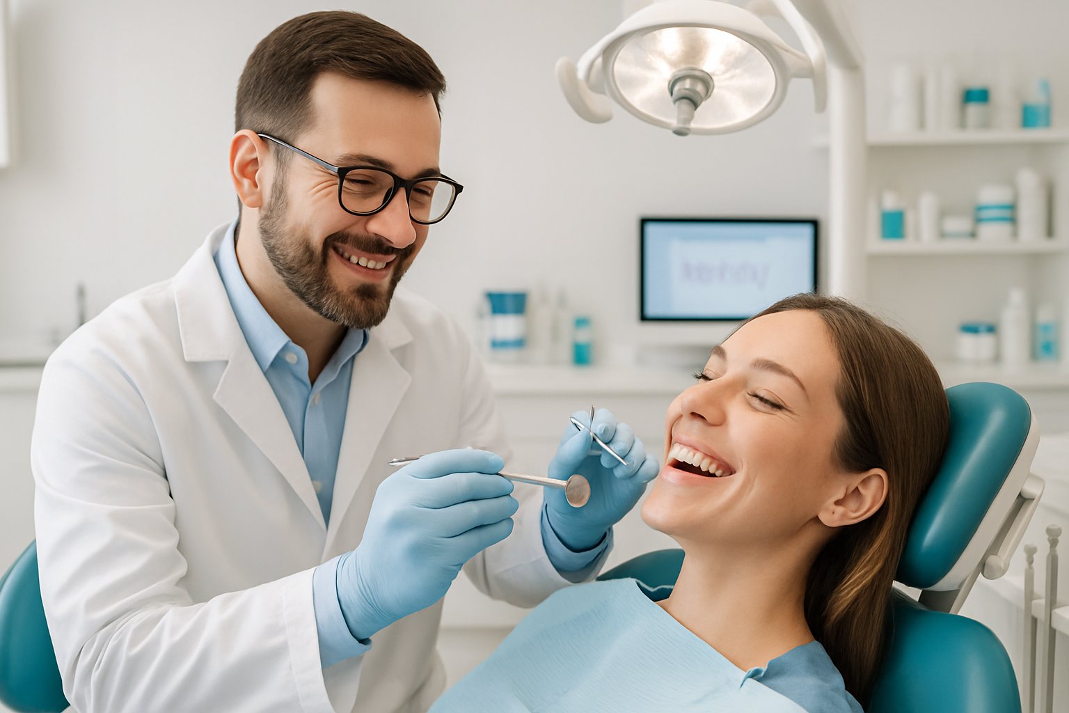 v2-12vvmf-sp18q - Preventive Medicine Daily A dentist examining a smiling adult patient's teeth in a dental clinic.