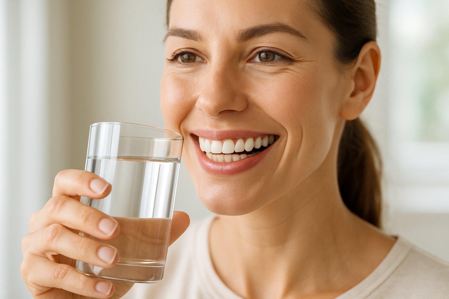 v2-12vvmy-q227p - Preventive Medicine Daily A smiling woman holding a glass of water, showing healthy teeth and gums.