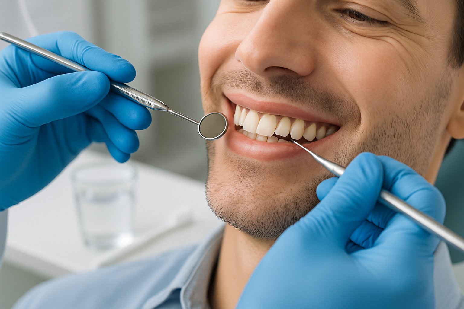 v2-12vvoo-d8g4d - Preventive Medicine Daily Dentist examining a patient's healthy gums and teeth in a dental clinic.