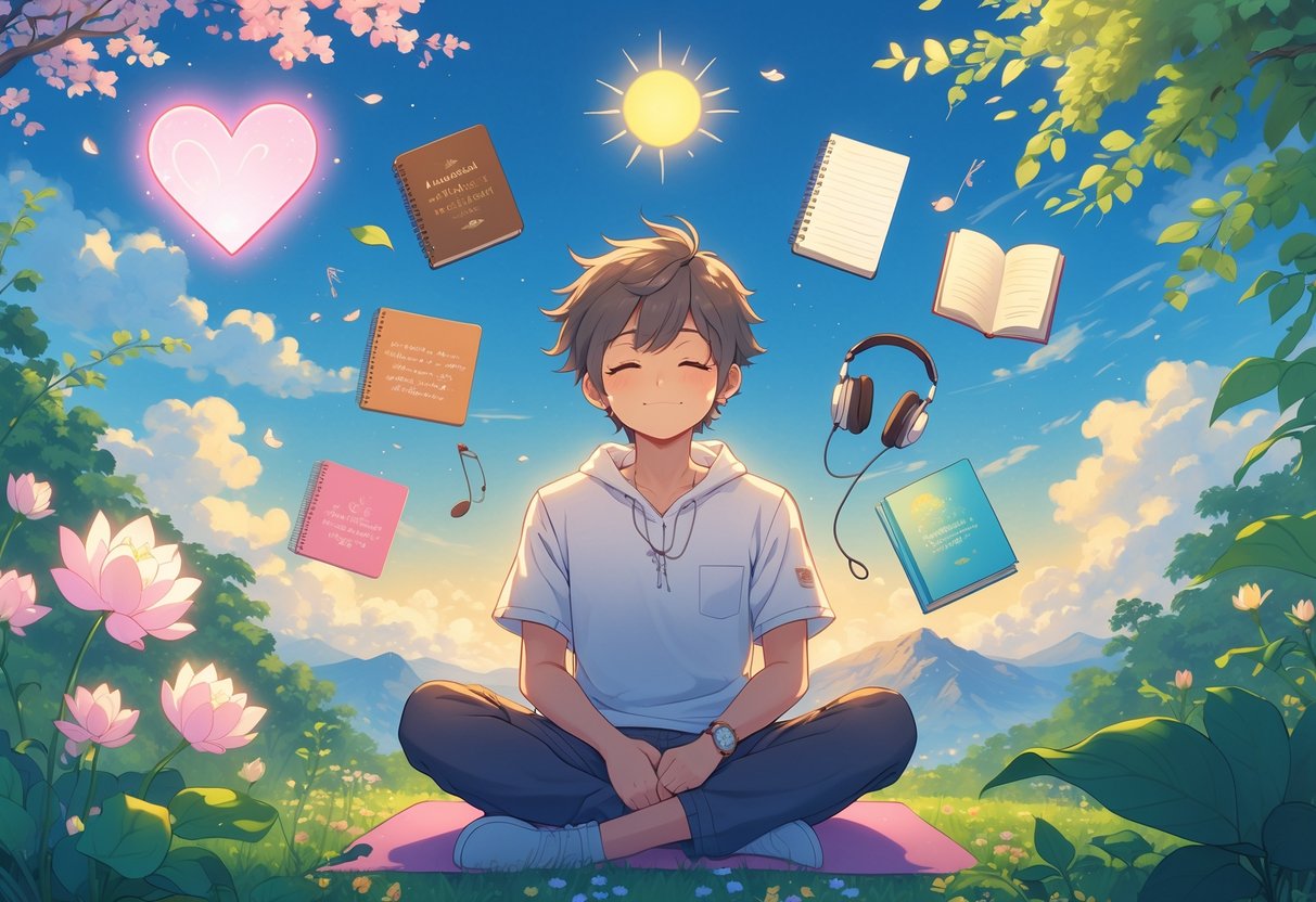 how to improve emotional health - Preventive Medicine Daily A person sitting peacefully in a garden surrounded by nine symbols representing ways to improve emotional health, including a heart light, journal, headphones, tea cup, friends, yoga pose, sunrise, book, and a sprouting plant.