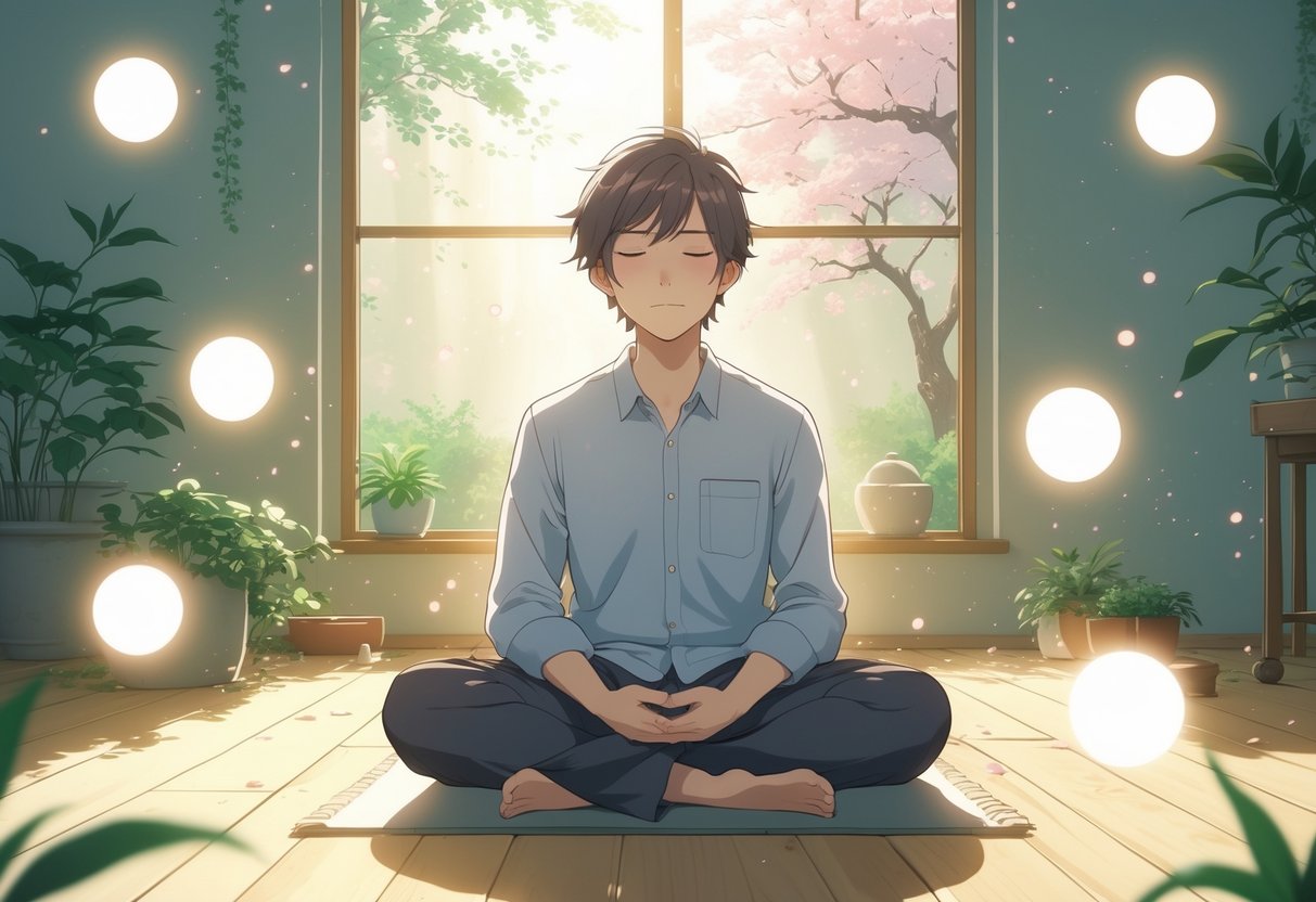 v2-12vwoc-rfch7 - Preventive Medicine Daily A person sitting cross-legged with eyes closed in a peaceful room filled with plants and sunlight, meditating calmly.